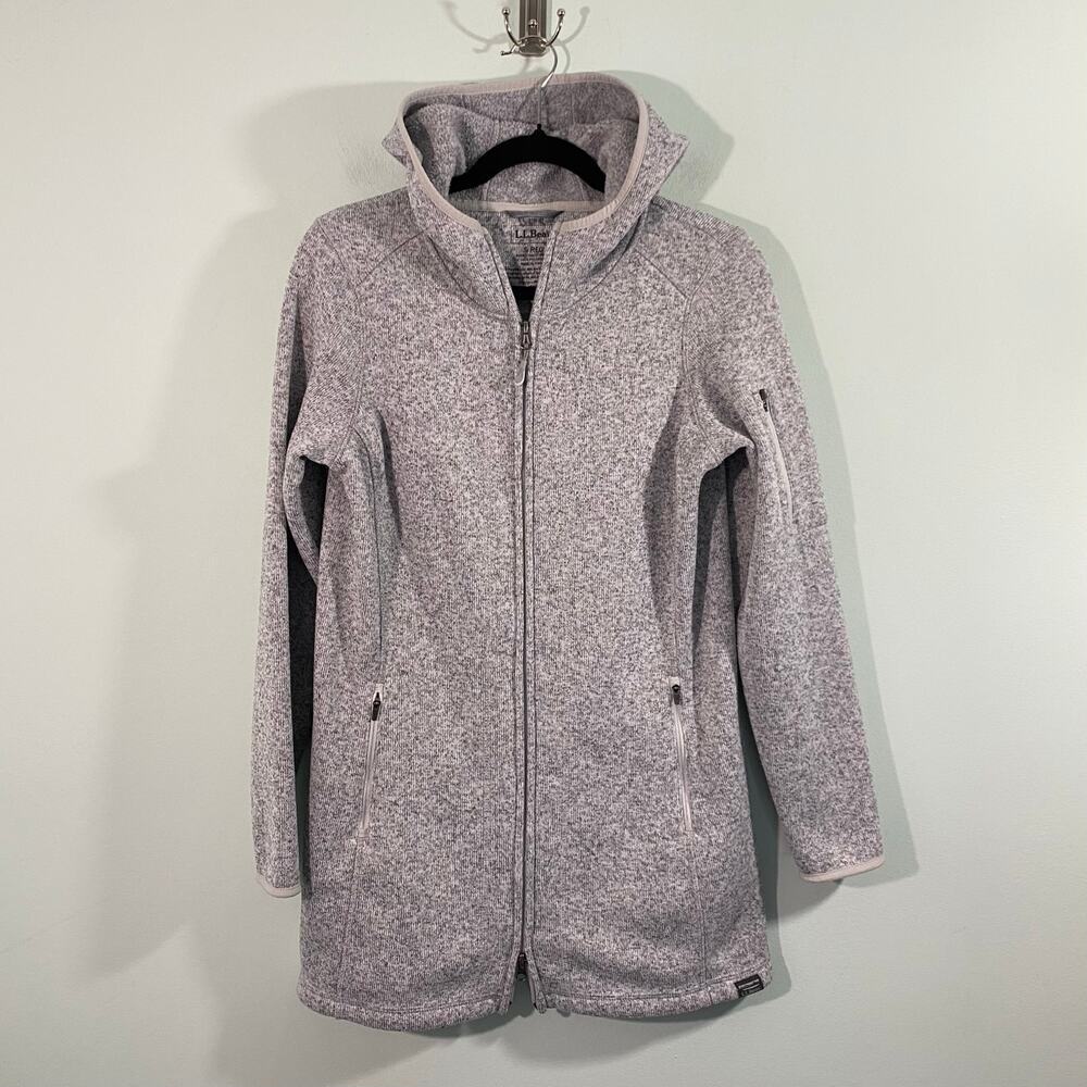 LL Bean Women Light Grey Full Zip Hooded Fleece Lined Sweater Coat Size S
